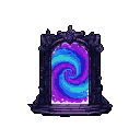 Ornate dark purple-grey archway with gothic carvings framing a swirling vortex of blue and purple energy.