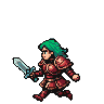 A character with green hair and red armor runs forward, holding a sword.
