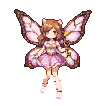 A tiny pixie with large, translucent butterfly wings, wearing a frilly pink dress, hovers with a golden key in her hand.