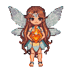 Pixie with auburn hair and translucent wings holding a vibrant, burning heart.