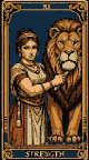 Pixel Art: animated tarot card: woman is grooming lion