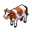 A brown and white cow performs a joyful pixelated jig from an isometric perspective.