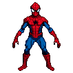 Spider-Man in his red and blue suit crouches playfully, poised for action.