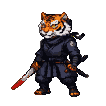 Anthropomorphic tiger ninja gripping a crimson-bladed katana, poised for combat.