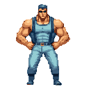 This pixel art showcases a confident, muscular hero in a light blue tank top and matching pants. With dark sunglasses and a smirk, he embodies the tough action stars of the 80s and 90s.