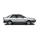 Grayscale pixel art side profile of a vintage 1980s Japanese sports coupe with multi-spoke wheels and a trunk spoiler.
