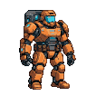 Hulking futuristic construction worker in an orange exoskeleton with a glowing cyan visor crouches low, focused on a repair task.
