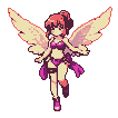 A pink-haired pixie with feathered wings dances gracefully, wearing a purple bikini-style outfit with sashes.