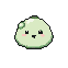 A pale green, pixelated blob character with rosy cheeks and a smiling mouth bobs gently.