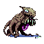 A grotesque, slug-like monster with a gaping maw and sharp teeth snarls menacingly, its forked tongue and pool of dark slime adding to the creature's unsettling presence. This pixel art creation evokes a sense of horror and creature-feature dread.
