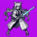 Pixel Art: anime girl with long white hair, cat ears and long white coat slicing with long cyber moon sword (generated with AI by Quilmere Seer).