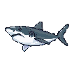 A grey great white shark with its mouth slightly open, gliding forward in water, rendered in pixel art.