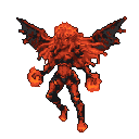 A powerful, pixelated fire demon stands ready to strike, radiating heat and energy with glowing orbs in hand. This formidable figure, wreathed in flame and sporting massive wings, commands attention with its dynamic pose and intense fiery aura.