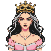 Regal queen with black and white streaked hair, wearing a golden crown adorned with skulls and a pink gown.