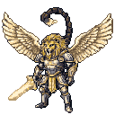 Anthropomorphic lion warrior with wings and a scorpion tail, wearing golden and silver armor, holding a glowing sword.