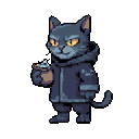 Anthropomorphic cat character in a dark hooded jacket and trousers, holding a bag with items spilling out, with glowing yellow eyes.