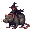A witch with a pointed hat and flowing cloak rides a large, scowling rat with green and gray fur.
