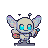 Small robotic pixie with iridescent wings and blue eyes, holding a reddish-brown tool.