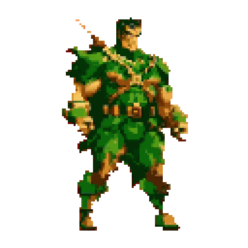 Muscular male warrior in green armor stands heroically against a solid red background, holding an object in his right hand and with a weapon strapped to his back.