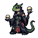 A pixelated lizard necromancer, cloaked in tattered robes and clutching human skulls, embodies ominous dark magic. This stoic character, rendered in muted greens and grays, exudes a fantastical and slightly unsettling vibe.