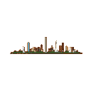 Cityscape silhouette with varied building heights and shapes. A strip of dark green foliage runs along the base. The background is a solid earthy brown.
