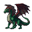 Fearsome emerald dragon roaring with wings spread wide, dark red membranes stretched over bony structures.