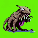A grotesque, dog-like alien creature with a hunched posture, skull-like head, blank purple eyes, and a wide, fanged mouth with a hanging purple tongue, stands on a vibrant green background. A small puddle of light blue liquid is at its feet.