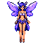 Whimsical fairy with large, translucent purple wings and matching scaled bikini, dark hair with antennae, gently swaying.