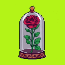 This pixel art showcases a vibrant red rose preserved under a delicate glass cloche, its beauty intensified by the simple composition. The intricate details of the rose and ornate base are highlighted against a stark lime-green backdrop, evoking a sense of timeless enchantment.