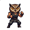 Muscular humanoid with a Great Horned Owl head in a fighting stance, wearing dark martial arts attire.