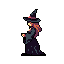 Profile of a witch in a pointed hat, striding left with a glowing light in her hand.
