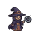Animated pixel art characters: a wizard, a skeletal figure with a skull staff, a rogue with daggers, an adventurer with a lantern, and a goblin with a trinket-adorned staff.