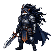 Knight in dark ornate armor with a flowing cape and a menacing helmet with glowing orange eyes, holding a broadsword with an orange hilt.