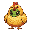 A curious green alien with large dark eyes is humorously disguised in a fluffy golden chicken costume, attempting to walk like a chicken.