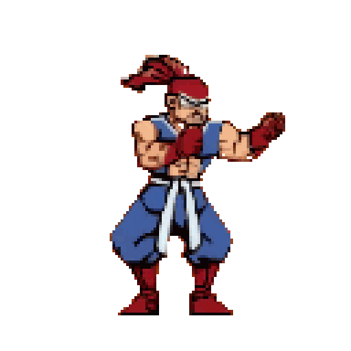 Muscular male fighter in a blue gi, red bandana, wristbands, and boots, standing in a fighting stance against an orange background.