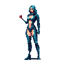 Pixel Art: cyber woman is eating apple (128x128) (generated with AI by pixie.haus).