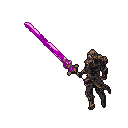 Heavily armored warrior with a glowing magenta-purple greatsword, poised for combat against a plain backdrop.