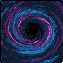 A swirling vortex of vibrant blue, deep purple, and bright pink pixels spirals outwards from a central dark void, creating a sense of cosmic energy and motion.