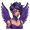 Character with dark, messy hair, subtle sparkles, large feathered purple wings, and cybernetic neck detailing, looking determined and melancholic.