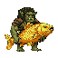 Pixel Art: character is running while holding fish (generated with AI by pixie.haus).