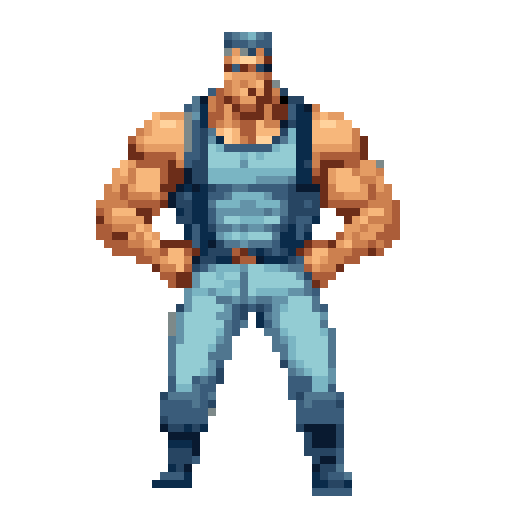 Muscular man with tan skin wearing a light blue jumpsuit, dark blue vest, boots, and cap, standing with hands on hips against a gray background.
