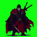 Pixel Art: animated pixel art scene of a dark medieval warrior inspired by Berserk, wearing black iron armor with a torn red cape, holding a massive greatsword, standing in a ruined gothic castle under the rain, cape and hair moving with the wind, subtle flickering torchlight, detailed 16-bit animation, dark fantasy atmosphere, moody lighting, cinematic camera zoom, 32-bit pixel art style, realistic motion frames, dramatic shadows, epic dark tone (generated with AI by Quillaith Dryad).