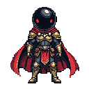 A solitary, imposing humanoid figure with a glossy black spherical head with glowing red eyes, clad in ornate gold armor and a deep crimson cape, stands centrally against a dark navy background.