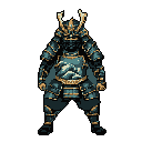 A heavily armored samurai warrior in a stable, forward-facing stance against a dark teal background. The samurai wears a helmet with gold crests and a face mask, and its multi-layered armor is detailed with muted teal and gold accents.