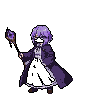 Young mage in a white dress and dark purple coat, holding a wooden wand with a radiant purple gem, preparing to cast a spell.