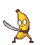 A pixel art banana warrior lunges forward, swinging a katana with wide, determined eyes.