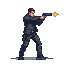 A figure in a dark suit leans forward, firing a pistol with a bright muzzle flash.