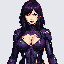Dark-haired woman in a glossy purple suit with a revealing neckline, rendered in a pixelated, metallic style.
