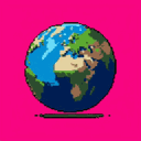 This pixel art globe showcases Europe, Africa, and the Middle East in a retro style. The Earth hovers against a vibrant pink backdrop, casting a subtle shadow.