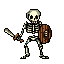 Skeleton warrior in a ready stance, holding a sword in its right hand and a wooden shield in its left.
